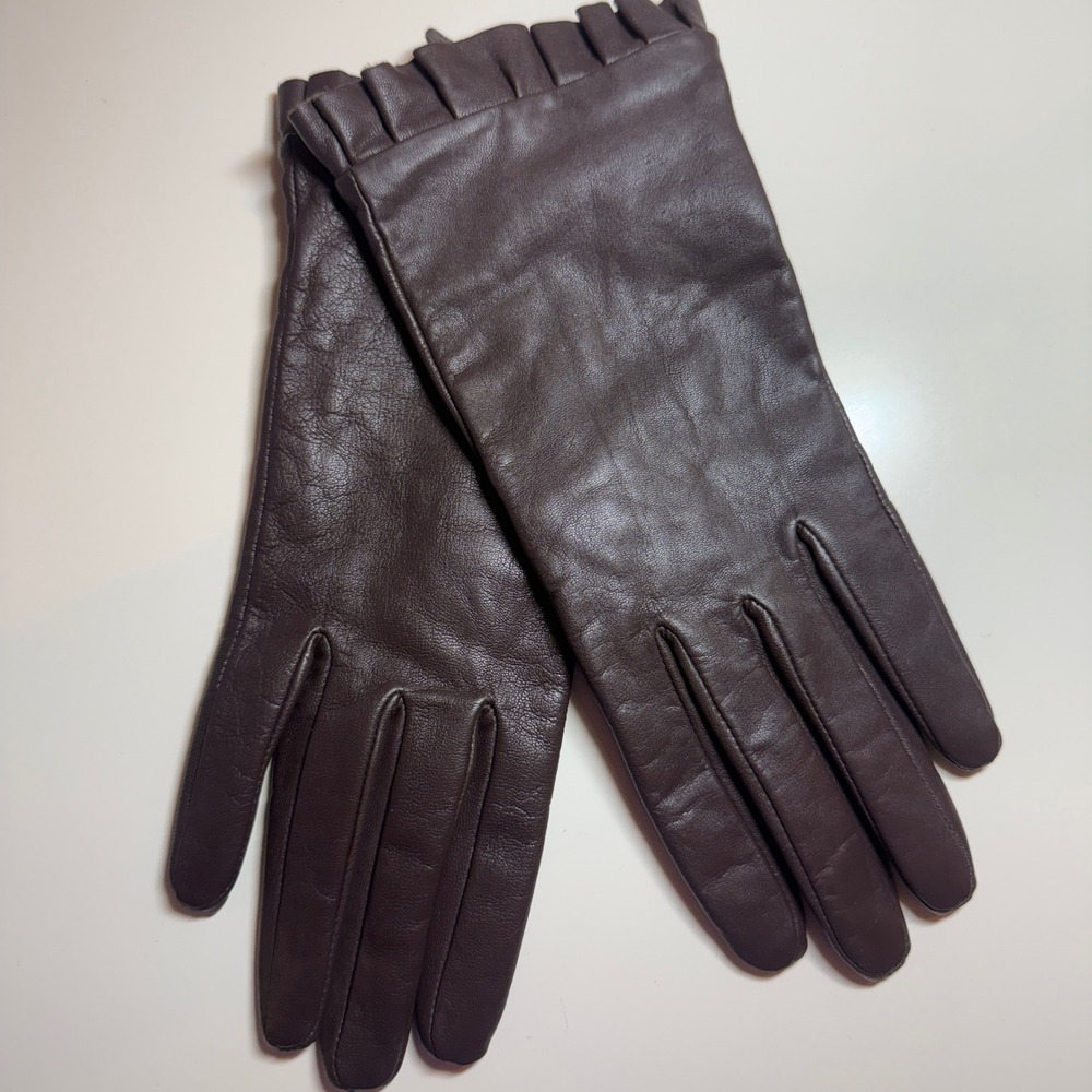 Mixit Women Brown Leather Ruffle Cuff Gloves Large L Knit Lined Winter Accessory